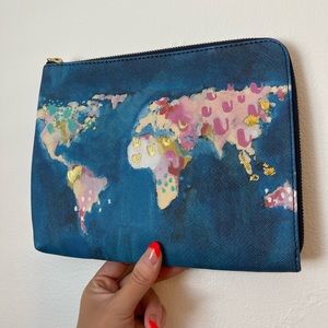 Anthropologie blue and pink world map clutch bag with gold detailing